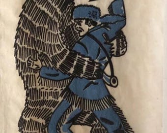 May include: A vintage illustration of Davy Crockett, a frontiersman, fighting a bear with a knife. The illustration is in black, blue, and white on a cream-colored background. The text "Davy Crockett Great Hunter" is printed at the top of the image.