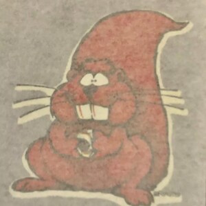 May include: A cartoon illustration of a reddish-brown squirrel holding a nut. The squirrel has large white teeth, white whiskers, and a large, fluffy tail. The background is a light gray color.