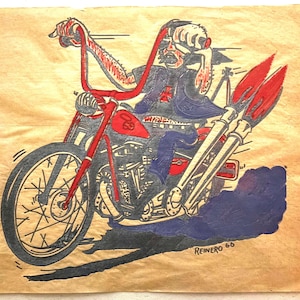 May include: A drawing on tan paper depicting a person riding a motorcycle with high handlebars. The motorcycle is red and black with two large red exhaust pipes emitting blue smoke. The rider wears a vest with a cross emblem. Signed REINERO 66.