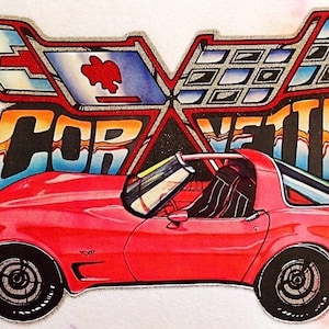 May include: A vibrant illustration of a red sports car positioned in front of a large, stylized logo featuring the text CORVETTE. The logo includes a checkered flag pattern and a red emblem. The car is depicted in profile with black wheels.