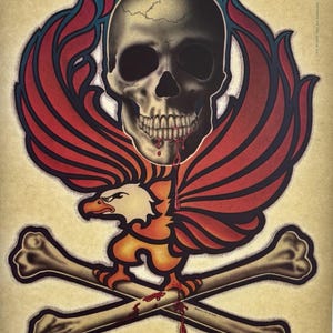 May include: A graphic illustration featuring a human skull positioned above a bald eagle with spread red wings. The eagle stands atop two crossed bones. Red liquid drips from the skull and the eagle's talons onto the bones below.