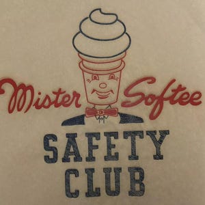 May include: A vintage Mister Softee ice cream cone mascot logo with a red and blue color scheme. The logo says "Mister Softee Safety Club".