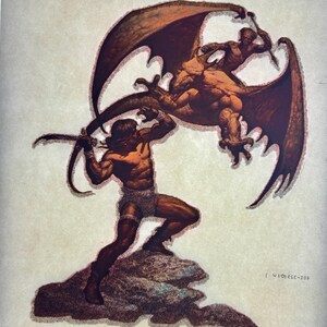 May include: A detailed illustration depicting a muscular figure in a loincloth standing on a rock, wielding a sword against a large, winged, reptilian creature with a rider on its back. The artwork features warm brown tones and includes the text 401-35a (01N).