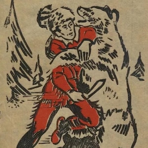 May include: A vintage illustration of Davy Crockett, the Great Hunter, wrestling a bear. The image is in black and white with red accents.