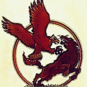 May include: A dark red illustration of an eagle and a wolf engaged in a struggle, both positioned within a circular border. The eagle is depicted with wings spread, while the wolf is shown leaping. The text (33108)-134 appears at the top.