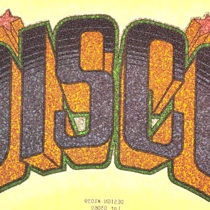 May include: A retro-style graphic with the word "DISCO" in large, 3D letters. The letters are primarily orange and gray, outlined in green, with starbursts above. The background is a pale yellow.