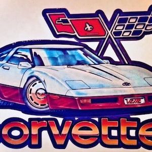 May include: A graphic sticker featuring a white and red sports car with a checkered flag and a fleur-de-lis emblem above it. The word corvette is printed in large, bold, orange and red gradient letters at the bottom of the design.