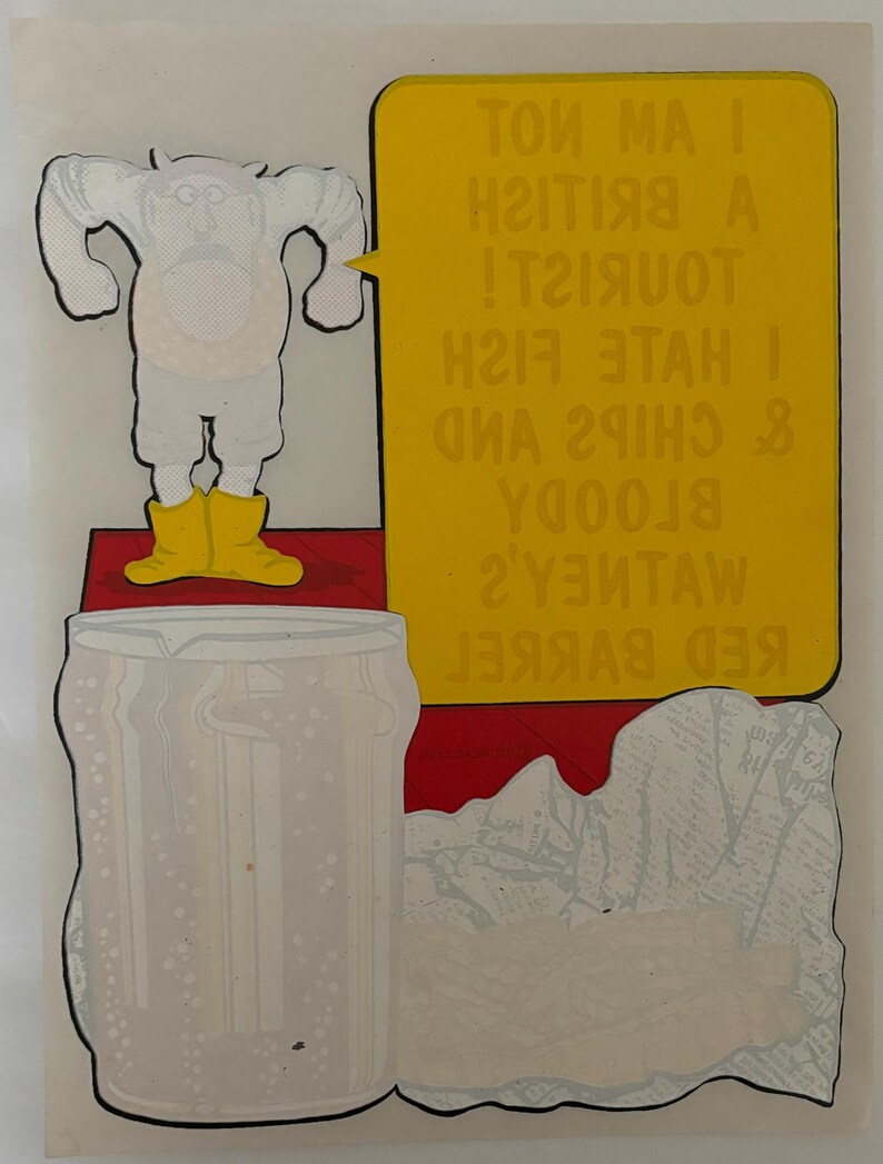 Puede incluir: Ilustraci&oacute;n de estilo caricatura con una figura con traje blanco y botas amarillas, un bocadillo amarillo y una lata grande. El texto en el bocadillo dice: "&iexcl;NO SOY UN TURISTA BRIT&Aacute;NICO! ODIO EL FISH & CHIPS Y EL BARRIL DE AGUA ROJA SANGRIENTA".