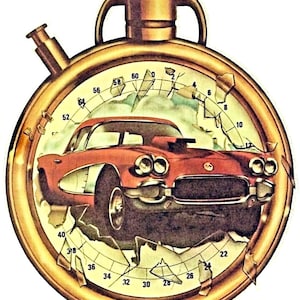 May include: A gold-toned stopwatch with a cracked glass face revealing a red vintage sports car bursting through the center. The dial features black numerical markings from 0 to 60, with a winding crown at the top and a side button for operation.
