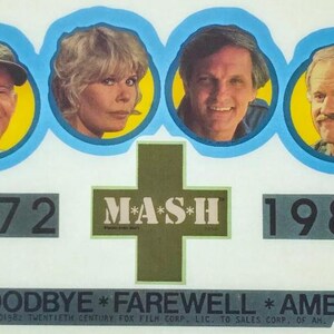 May include: A vintage poster with a blue, yellow, and green color scheme. It features four circular portraits of actors from the TV show M*A*S*H. The text "1972 M*A*S*H 1983" is printed in black on a gray background. The text "GOODBYE * FAREWELL * AMEN" is printed in black on a white background. The text "1982 TWENTIETH CENTURY FOX FILM CORP. LIC. TO SALES CORP. OF AH." is printed in black on a white background.
