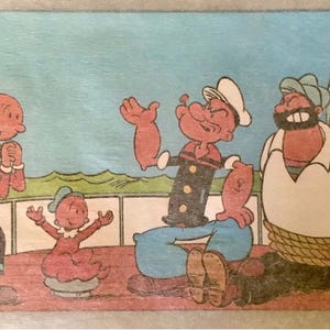 May include: A cartoon illustration of four characters. A sailor with a red face and a blue and white striped shirt is tied up with rope. A woman with a red shirt and black pants is standing next to a small child wearing a red outfit. A man with a white shirt and a beard is standing behind the sailor.