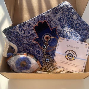 Pochette Hamsa, bracelet mauvais œil, porte-clés hamsa, boîte-cadeau mauvais œil, pince à cheveux mauvais œil, pochette hamsa, coffret cadeau hamsa, coffret cadeau unique
