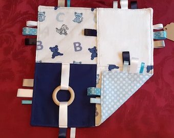 Kitten & Cub Sensory Blanket: Handmade Baby Taggy Lovey with Wood Ring