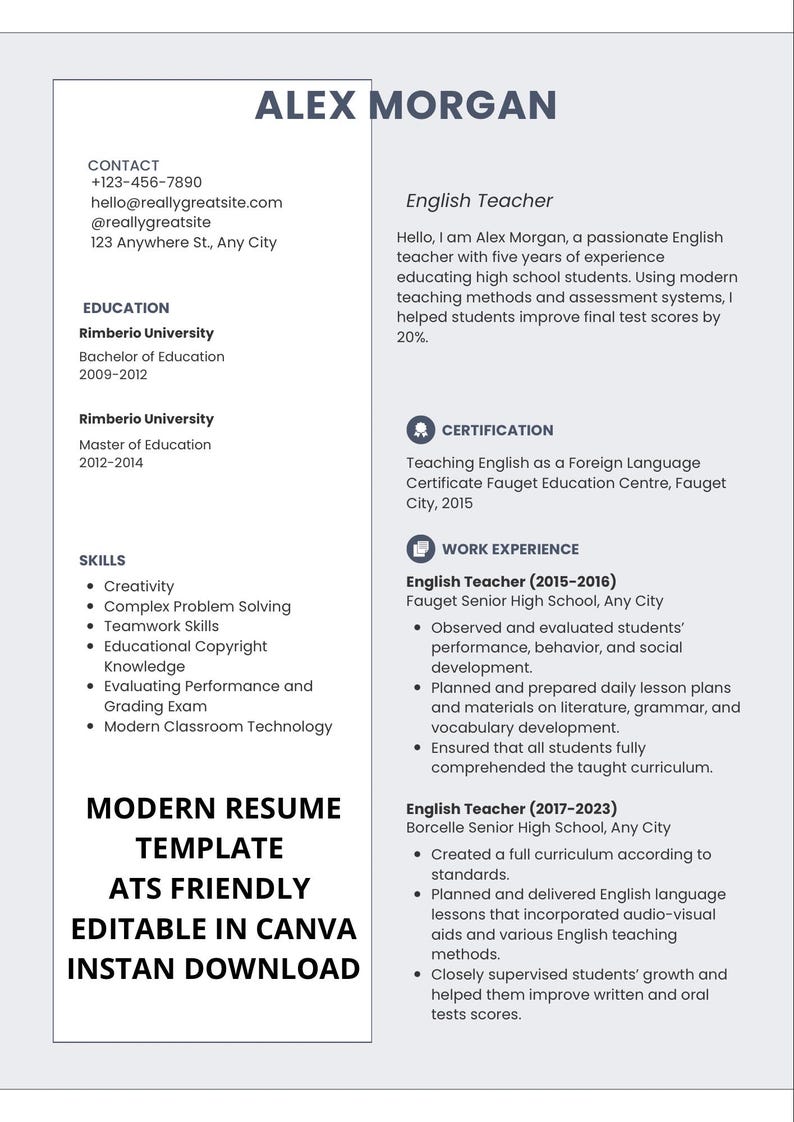 Modern Resume Template for Canva | ATS Friendly CV Template ...