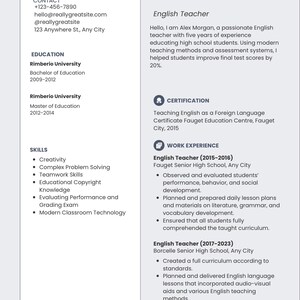 Puede incluir: Un currículum vitae para Alex Morgan, profesor de inglés. Incluye información de contacto, educación de la Universidad Rimberio, habilidades, certificación y experiencia laboral en Fauget y Borcelle Senior High Schools.