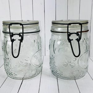 Vintage Embossed Fruit Pattern Glass Canister Set with Wire Bale Hinges | MCM