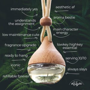 May include: A mini diffuser with a wooden top and a glass base, hanging from a beige cord. The image includes text that reads "mini diffusers" and other phrases like "refillable forever" and "aesthetic af". The background is a dark green.