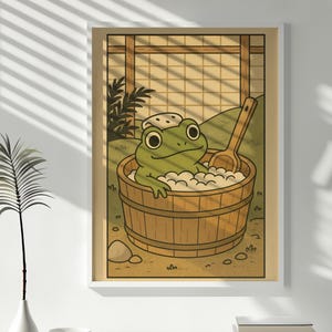Muurkunst Japanse kikker in bad Japans muurdecor Woodblock illustratie decor Japandi kunst aan de muur badkamer decor onsen, digitale download