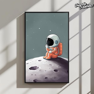 Arte digital de astronauta solitario, arte mural de astronauta, decoración de pared, descarga de impresión digital de arte mural caprichoso, póster retro de ciencia ficción, arte de moda