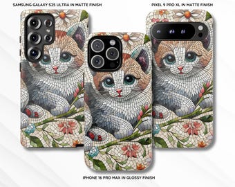 Mosaik Katze Handyhülle für iPhone 16, 15, 14, 13 Pro/Pro Max/Plus Hülle Samsung Galaxy Hülle Stilvolle Pixel 9 Hülle Pixel Art Handyhülle Geschenk