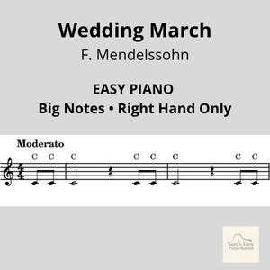May include: Sheet music for "Wedding March" by F. Mendelssohn, labeled "Easy Piano." The music notation includes large notes and is marked "Right Hand Only." The word "Moderato" is above the musical staff.