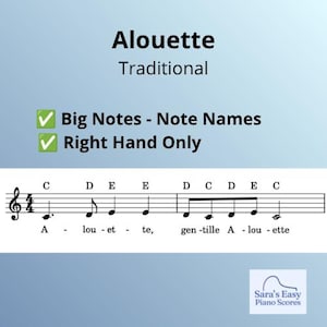 Alouette Easy Piano Sheet Music | Right Hand Only | Big Notes with Note Names | Beginner Piano PDF Download