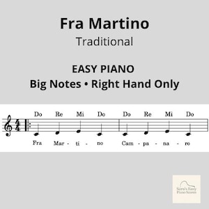 Può includere: Spartito di "Fra Martino", una canzone tradizionale, con il titolo e il testo in nero. La musica è scritta in formato pianoforte facile con note grandi e istruzioni solo per la mano destra. Lo sfondo è grigio chiaro.