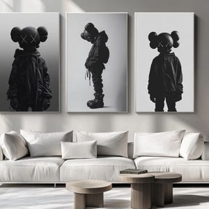 Kaws Wall Art, Set of 3 Kaws Posters, Printable Graffiti Style Poster, Hypster WallArt Hyperbeast, Dark Kaws Bedroom Art, Modern black matte