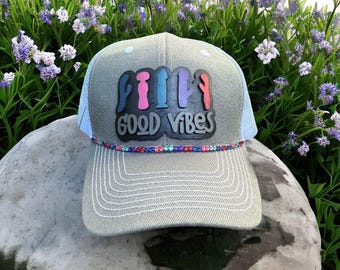 Good Vibes Only Adult Trucker Cap, Grey and White Snapback Trucker Cap with Bling Trim Explicit Baseball Hat Adult Humor Vibrator