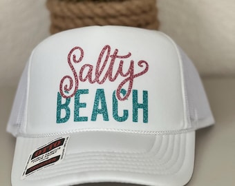 Salty Beach Hat.  White trucker hat. Glitter font. Salty Vibes. Beach.  Vacation Hat.  Gift