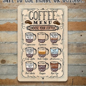 Coffee Menu Choose Your Coffee - 8" x 12" or 12" x 18" Aluminum Tin Awesome Metal Poster