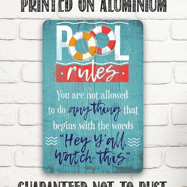 Tin - Pool Rules - Durable Metal Sign - 8" x 12" or 12" x 18" Use Indoor/Outdoor - Great Pool Side Decor