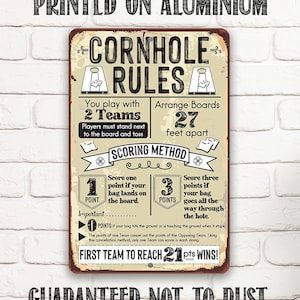 Tin - Cornhole Rules - Rustic Style - Metal Sign-Choose 8"x12" or 12"x18" Indoor or Outdoor -Backyard Playground and Event Competition Decor