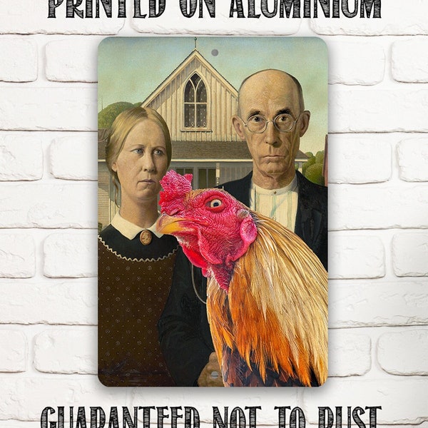 Tin - American Gothic Painting - Interrupted by Rooster- Metal Sign-8" x 12" or 12" x 18" Indoor/Outdoor-Funny and Artsy Chicken Coop  Decor