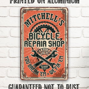 Tin - Personalized Bicycle Repair Shop Metal Sign - 8" x 12" or 12" x 18" Use Indoor/Outdoor - Gift for Bicyclists and Outdoor Enthusiasts