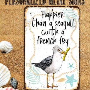 Tin-Metal Sign- Seagull with French Fry-8"x12"/12"x18" Use Indoor/Outdoor-Coastal Wall Art Decor