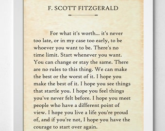 For What It's Worth - F. Scott Fitzgerald - 11x14 Unframed Book Page Print - Great  Gift & Decor