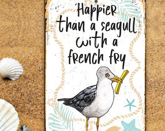 Tin-Metal Sign- Seagull with French Fry-8"x12"/12"x18" Use Indoor/Outdoor-Coastal Wall Art Decor