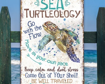 Sea Turtle Wall Art - Tin Sea Turtleology - Sea Turtle Beach Decor for Bedrooms - Great Beach Decor - Sea Turtle Gifts for Women and Men