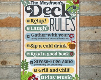 Personalized - Deck Rules Relax Laugh Gather With Your Family - 8" x 12" or 12" x 18" Aluminum Tin Awesome Metal Poster