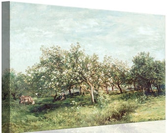 Apple Blossoms by Charles-François Daubigny - Large French Landscape Painting Stretched Canvas Art Print - Blue, White, and Shades of Green