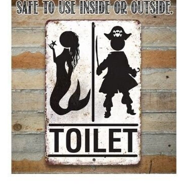 Pirate Mermaid Toilet Metal Sign -  8" x 12" or 12" x 18" Aluminum Tin Awesome Metal Poster