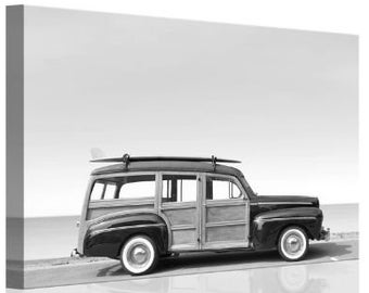 Surf's Up California Woody - Large Black and White Vehicle Beach and Surfboards Portrait Stretched Canvas Art Print-Blacks, Whites and Grays
