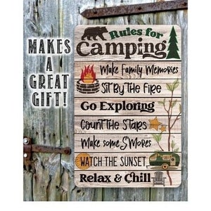 Tin - Rules for Camping -  Durable Metal Sign - 8"x12" or 12"x18" - Use Indoor/Outdoor - Great Trailer or RV and Campsite Decor