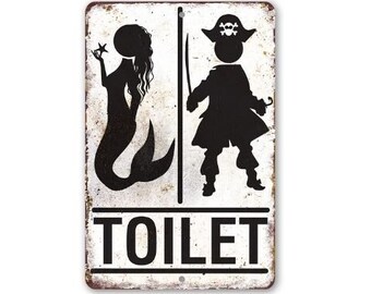 Tin - Pirate Mermaid Toilet Metal Sign - 8" x 12" or 12" x 18" Use Indoor/Outdoor - Makes a Cute Bathroom Sign