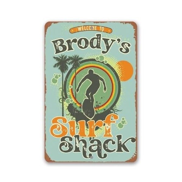 Personalized Metal Sign - Surf Shack Surfing Guy - 8" x 12" or 12" x 18"Use Indoor/Outdoor - Surf Shop Sign