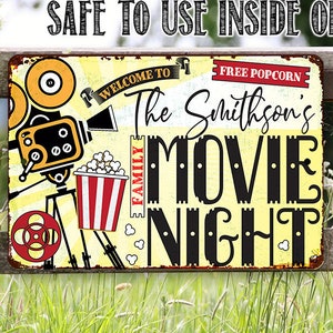 Tin - Personalized Family Movie Night Metal Sign - 8" x 12" or 12" x 18" Indoor/Outdoor-Home Theater Decor