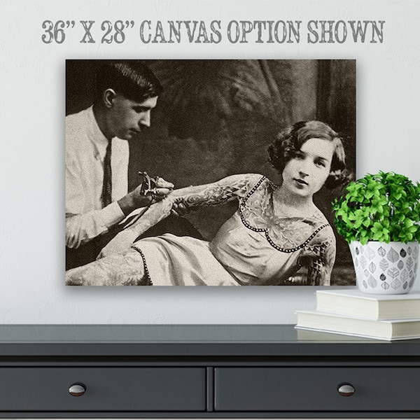 Canvas - Tattooed Lady Vintage Photo - Choose Unframed Poster or Canvas - Perfect Unique Gift/Decor for Tattooists, Tattoo Parlors & Home