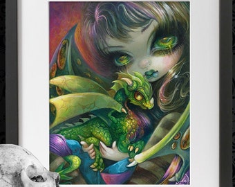 Strangeling  Darling Vibrant Green Dragonling -Gothic 11x14 Unframed Boho Magical Art Print Poster-For Fairycore, Fantasy, Magic, Goth Decor
