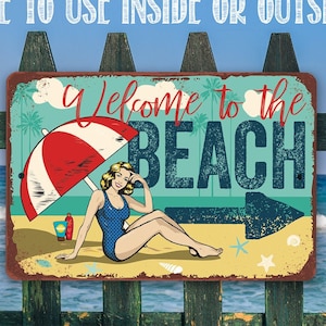 Tin - Beach Directional (Right) - Durable Metal Sign - 8"x12" or 12"x18" Use Indoor/Outdoor - Great Beach House and Coastal Home Decor